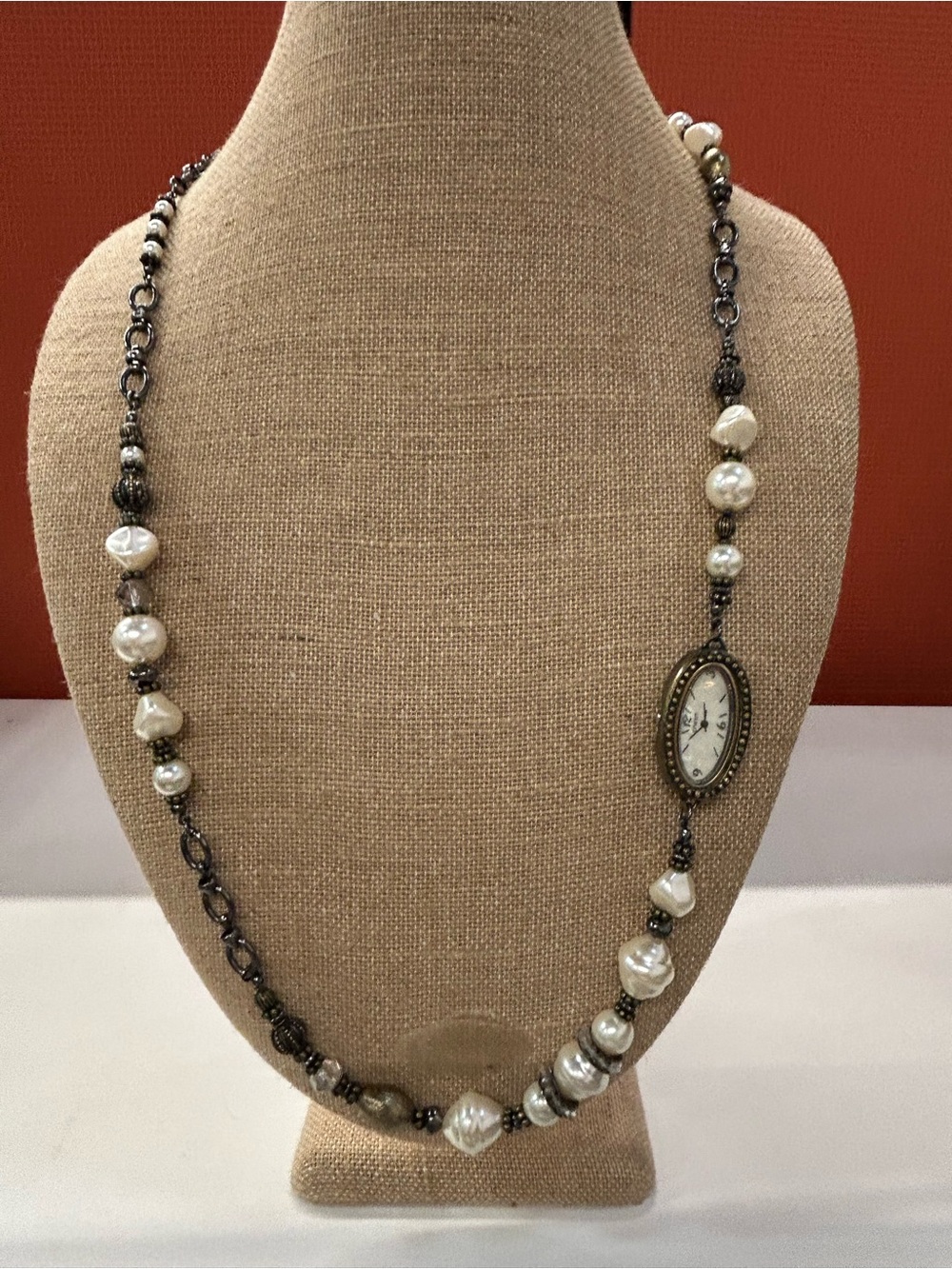 Fabulous vintage Chico’s faux pearl picture frame watch necklace. Works!